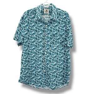 Kennington Hawaiian Shirt XL Blue Tropical Palm Print Cotton Aloha Made In Peru